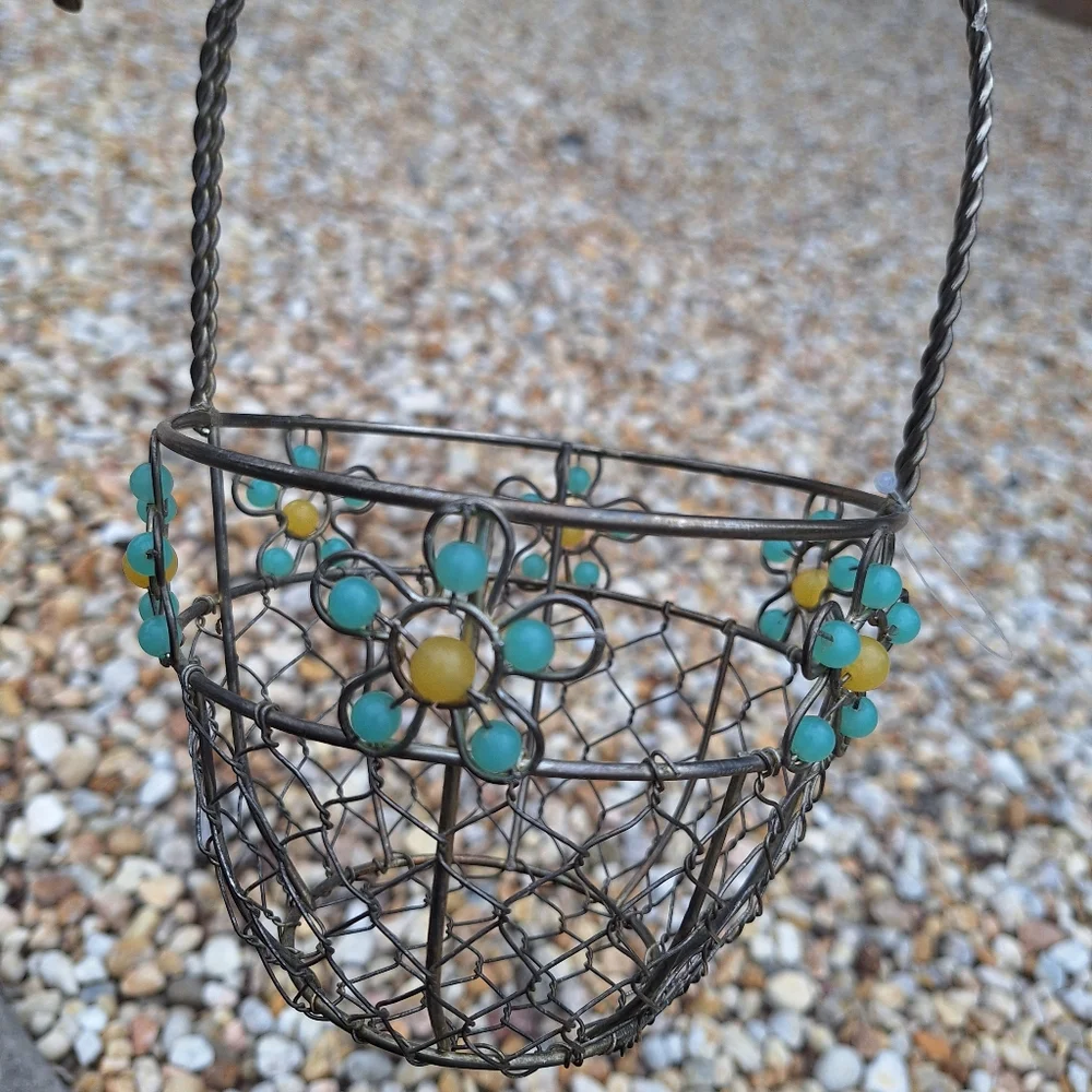 Beaded Easter Basket Silver Metal Woven Steel Aluminum Container w Handle Silver